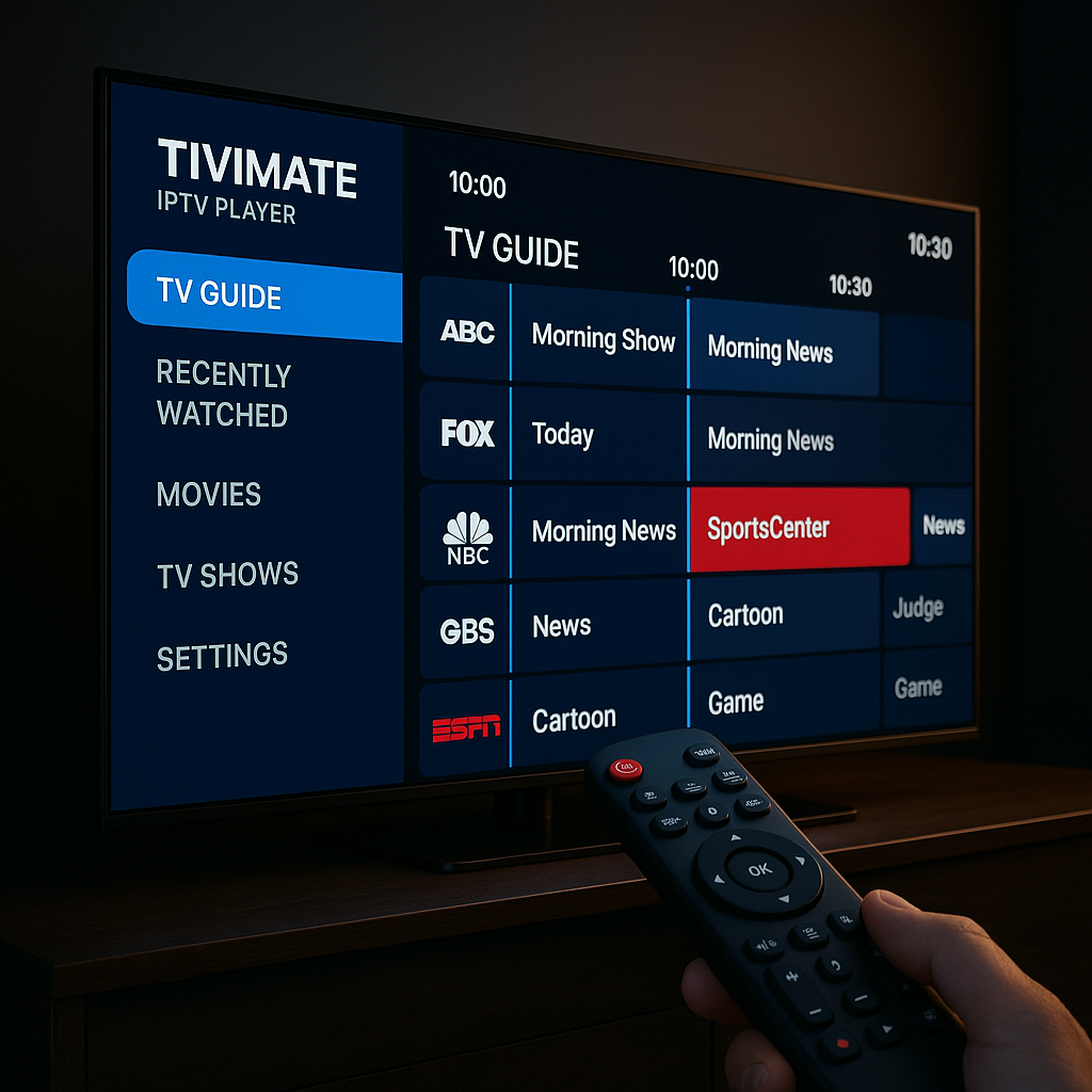 A modern smart TV setup showing TiviMate IPTV player interface on screen with remote control in foreground, dark ambient living room, professional photography